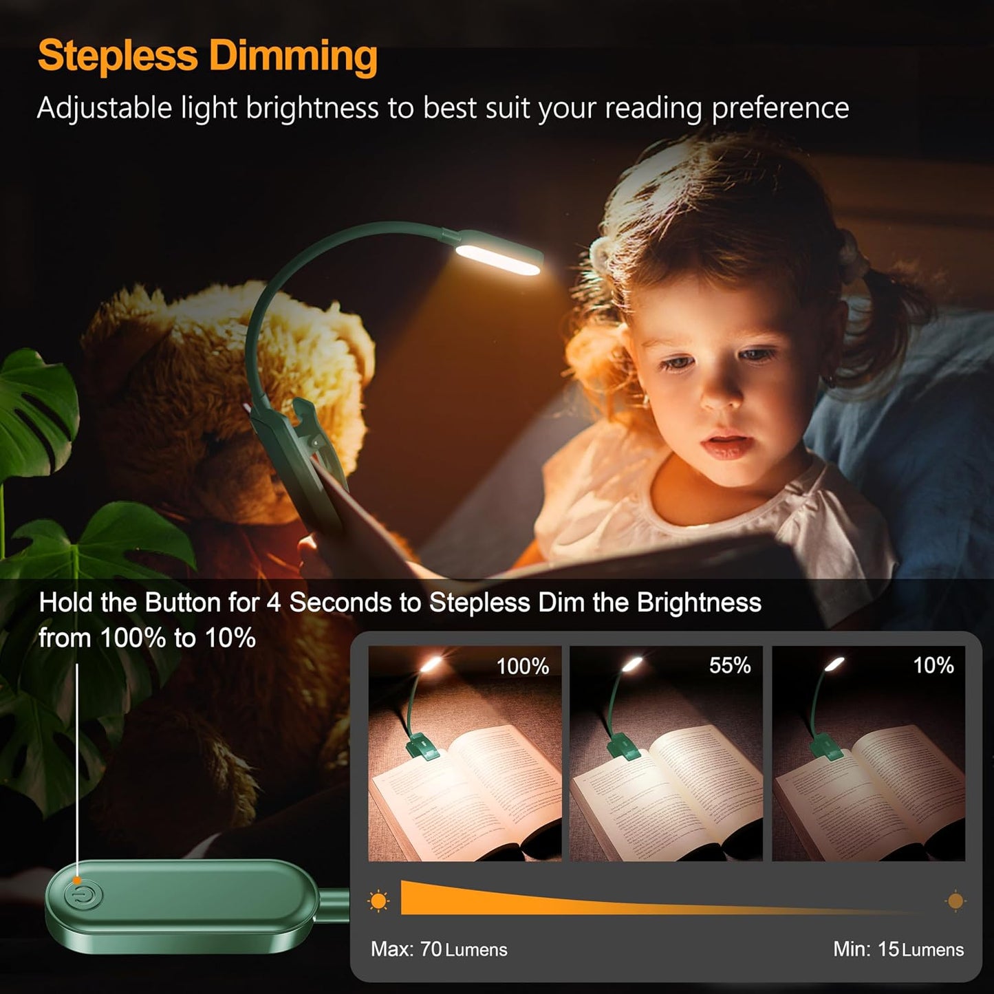 Gritin 16 LED Rechargeable Book Light for Reading in Bed- Eye Caring 3 Color Temperatures, Stepless Dimming Brightness, 80 Hrs Runtime, Lightweight Flexible Clip on Light for Book Lovers