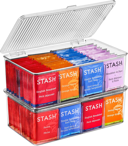 Sorbus Tea Bag Organizer, 2-Pack Clear Bins with Removable Dividers