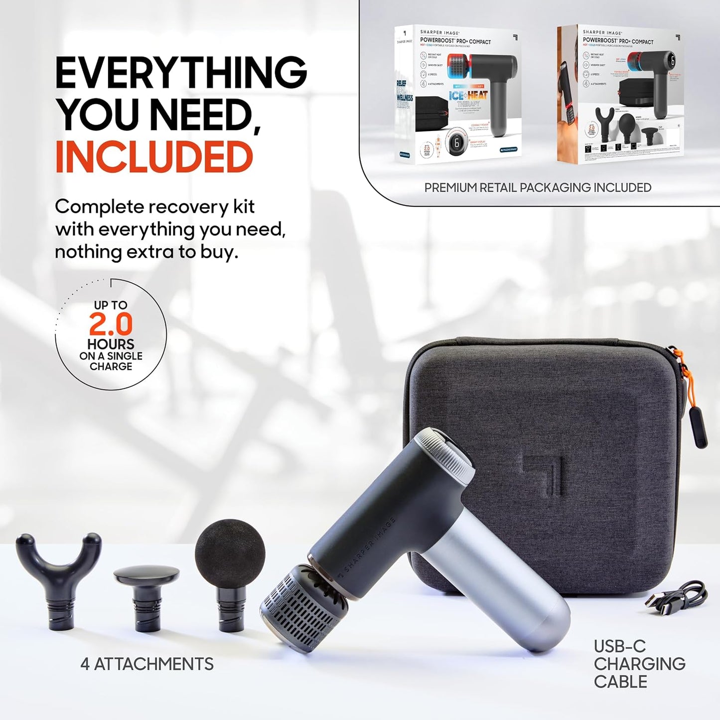 Sharper Image Powerboost Move - Mini Percussion Massage Gun| 4 Attachments, 4 Speeds, FSA Eligible| Full Body Back & Shoulder Massager| Deep Tissue Muscle Recovery| Portable Pain Relief Massage Tool