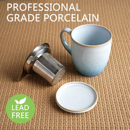Bosmarlin Ceramic Tea Cup with Infuser and Lid, 16 Oz, Loose Leaf Tea Steeper Mug with Strainer, Microwave and Dishwasher Safe, Reactive Glaze (16 Oz, Pale Green)