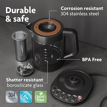 Viante Alba Electric Tea Kettle with Infuser, No Plastic In Contact With Water, 1.5L Borosilicate Glass, 304 Stainless Steel, 4 Temperature Presets, Keep Warm, Cordless, Auto Shut-Off