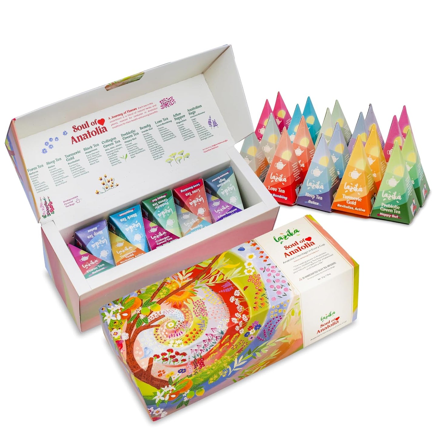 Lazika Tea Sampler with Premium Presentation Box, 10 Counts, Mothers Day Gifts, 2 of Each Blend Individually Wrapped, Black, Green and Herbal Tea Variety Gift Set, Collection with Pyramid Infuser Bag