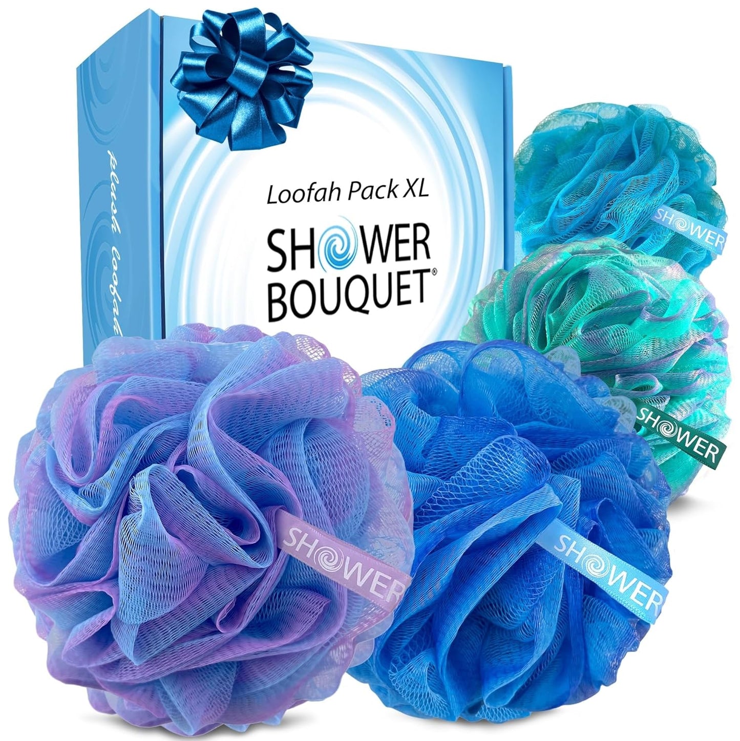 SHOWER BOUQUET Loofah-Charcoal Bath-Sponge XL-Color-4-Pack // Extra Large 75g Soft Mesh Black Luffa Loofa Loufa Puff Set/Exfoliating Body Scrubber for Women and Men - Exfoliate & Soothe Face & Body