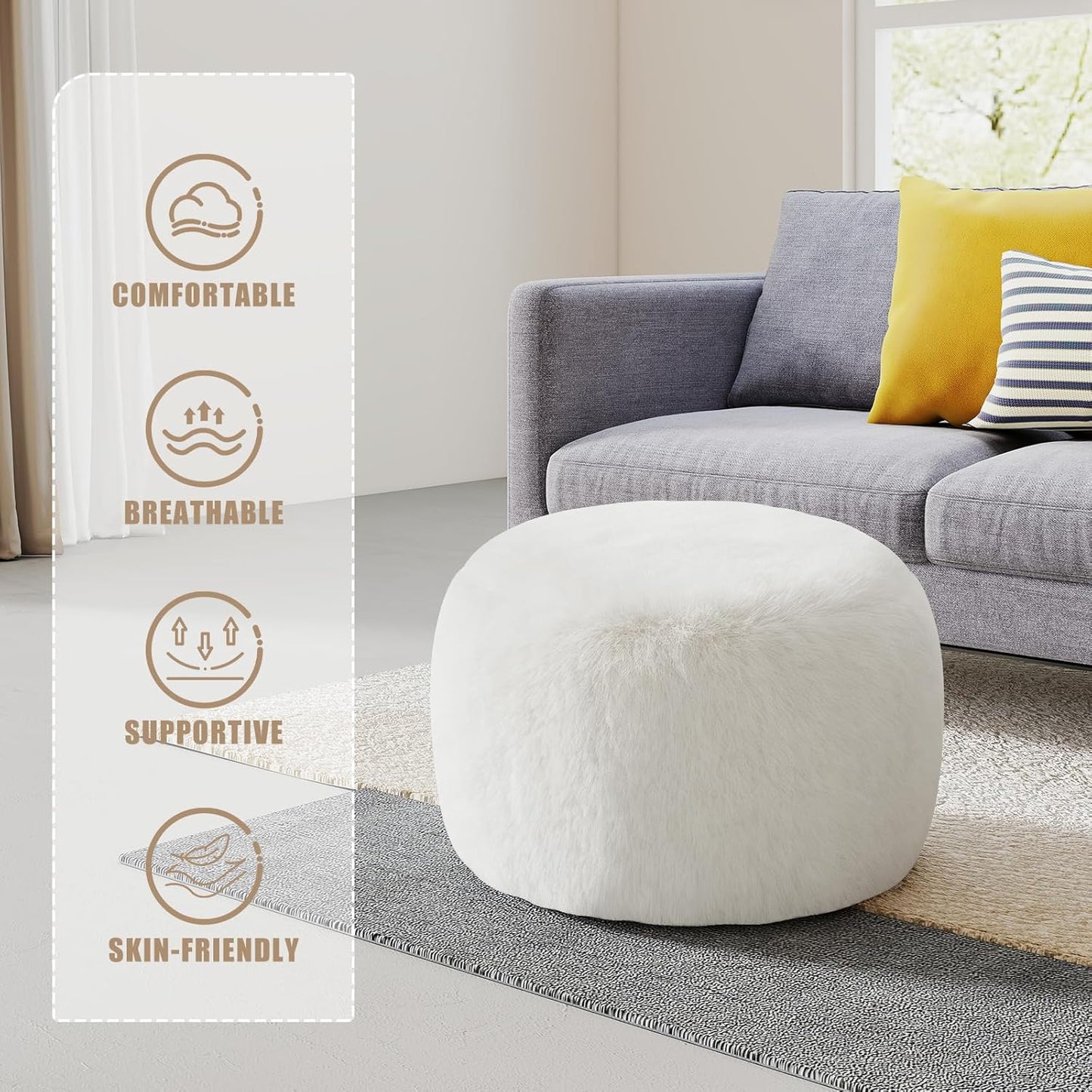 Round Stuffed Pouf Ottoman Foot Rest, Faux Fur Poufs with Memory Foam Filling, Ottomans for Living Room, Nursery, Dorm, Soft Foot Stool Ottoman for Couch, Perfect for Resting Your Feet (Grey, 20 Inch)