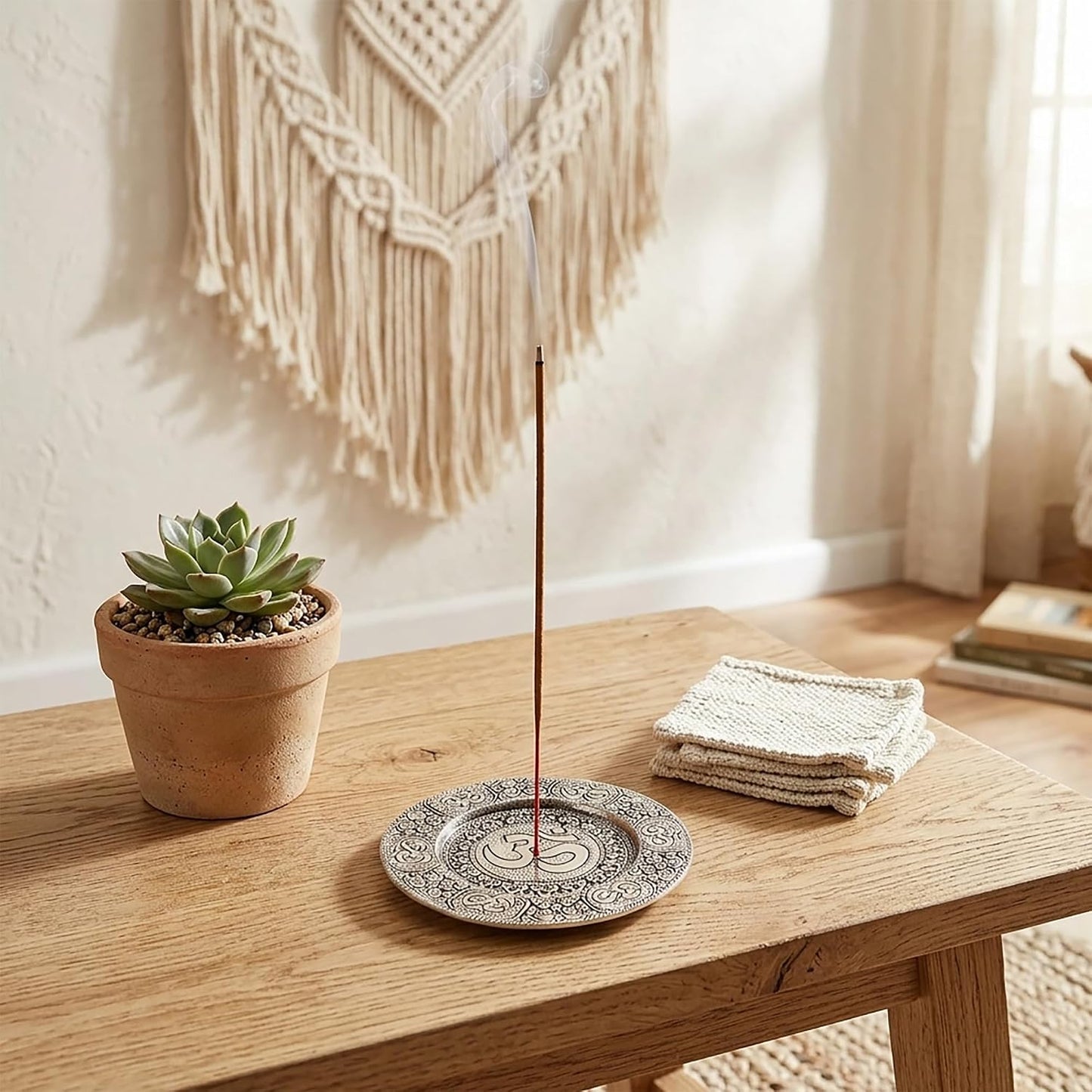 Hosley Tibetan Style Aluminum Incense Burner & Candle Holder - Aged Silver Finish, 4.5" Diameter Incense Stick Holder for Aromatherapy, Meditation & Home Decor