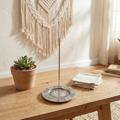 Hosley Tibetan Style Aluminum Incense Burner & Candle Holder - Aged Silver Finish, 4.5" Diameter Incense Stick Holder for Aromatherapy, Meditation & Home Decor