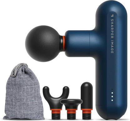 Sharper Image Deep Tissue Percussion Massage Gun, Powerboost Move Evo Hot & Cold Rechargeable Handheld Massager, 4 Adjustable Speeds, 5 Attachment Heads & Carrying Case, for Muscle Pain Relief, Blue