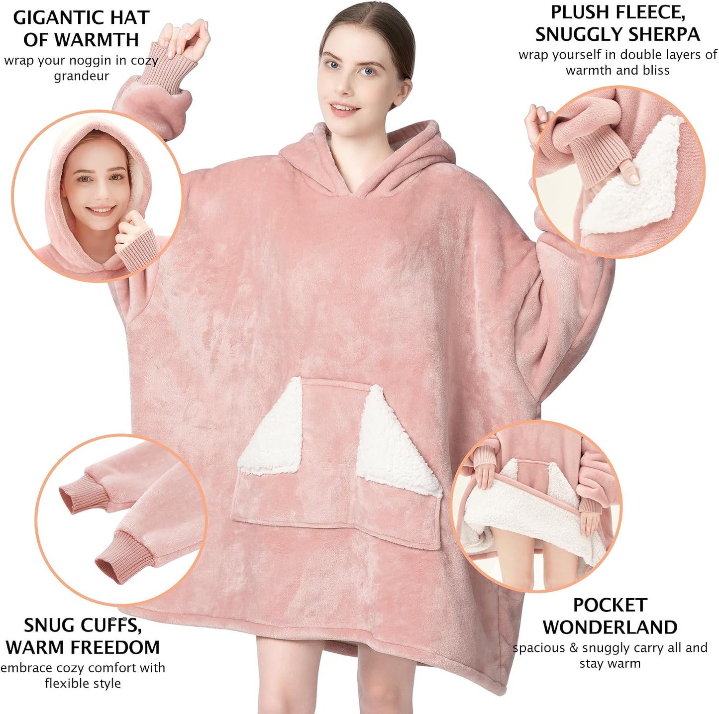 Touchat Wearable Blanket Hoodie, Oversized Sherpa Blanket Sweatshirt with Hood Pocket and Sleeves, Super Soft Warm Plush Hooded Blanket for Adult Women Men, One Size Fits All (Pink)