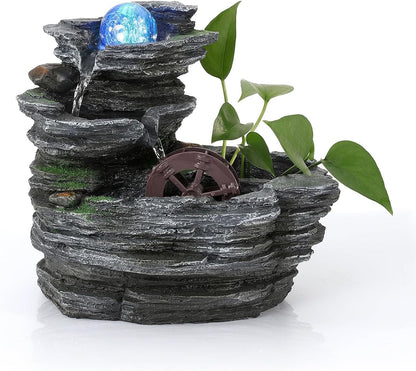 Tabletop Water Fountain, Resin Water Wheel, LED Light,Soothing Sound