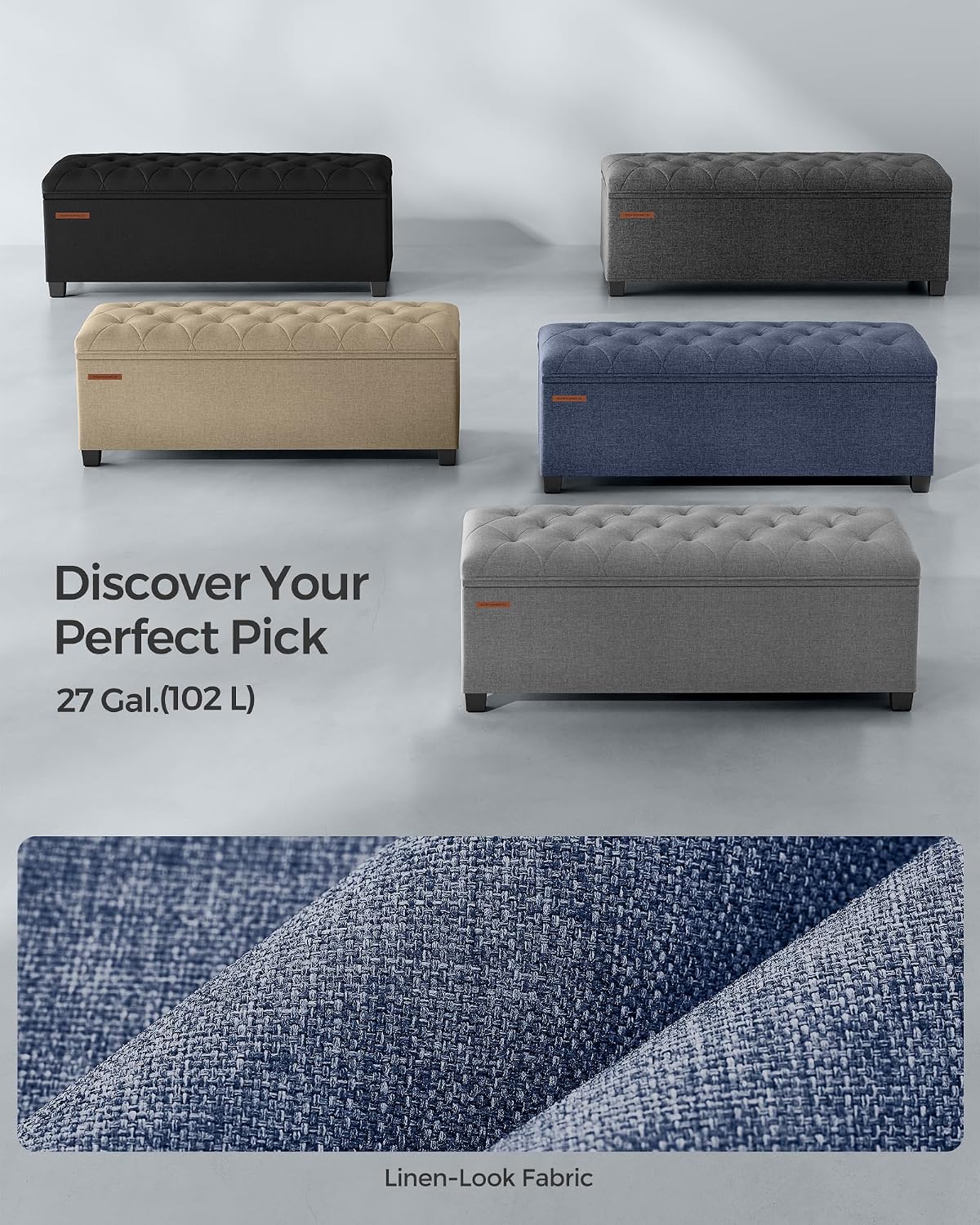SONGMICS Storage Ottoman Bench, Foot Rest with Legs, 15.7 x 43.3 x 15.7 Inches, End of Bed Bench, Storage Chest, Load up to 660 lb, for Living Room, Bedroom, Entryway, Dark Gray ULSF088G01