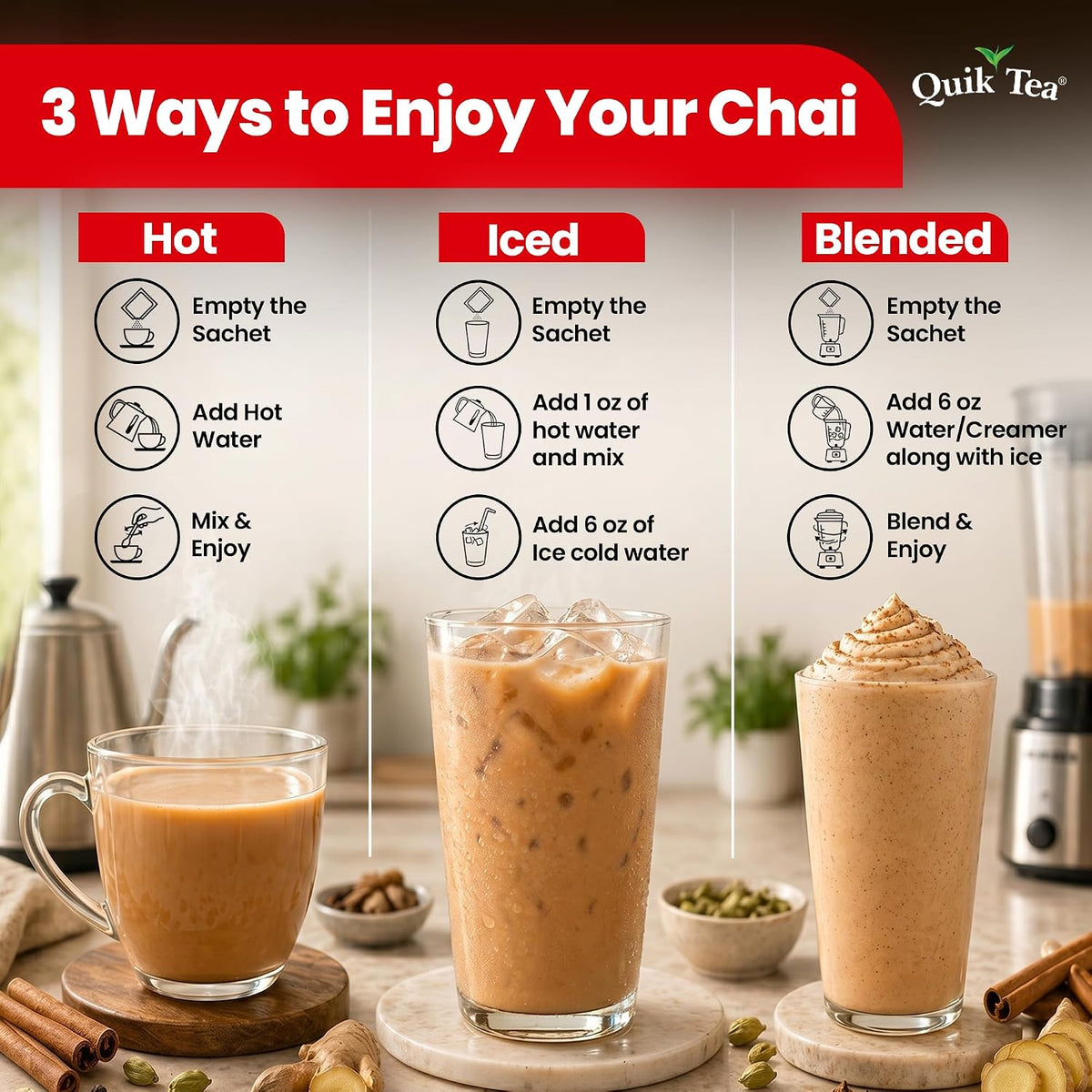 QuikTea Instant Chai Tea Latte Mix, Cardamom, Unsweetened, 10 Sachets