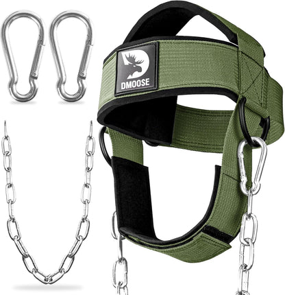 DMoose Fitness Neck Harness for Weight Lifting - Soft Padded Head & Chin Strap with 30" Heavy Duty Steel Chain - Neck Exerciser, Trainer & Strengthener to Support Injury Recovery and Intense Workouts