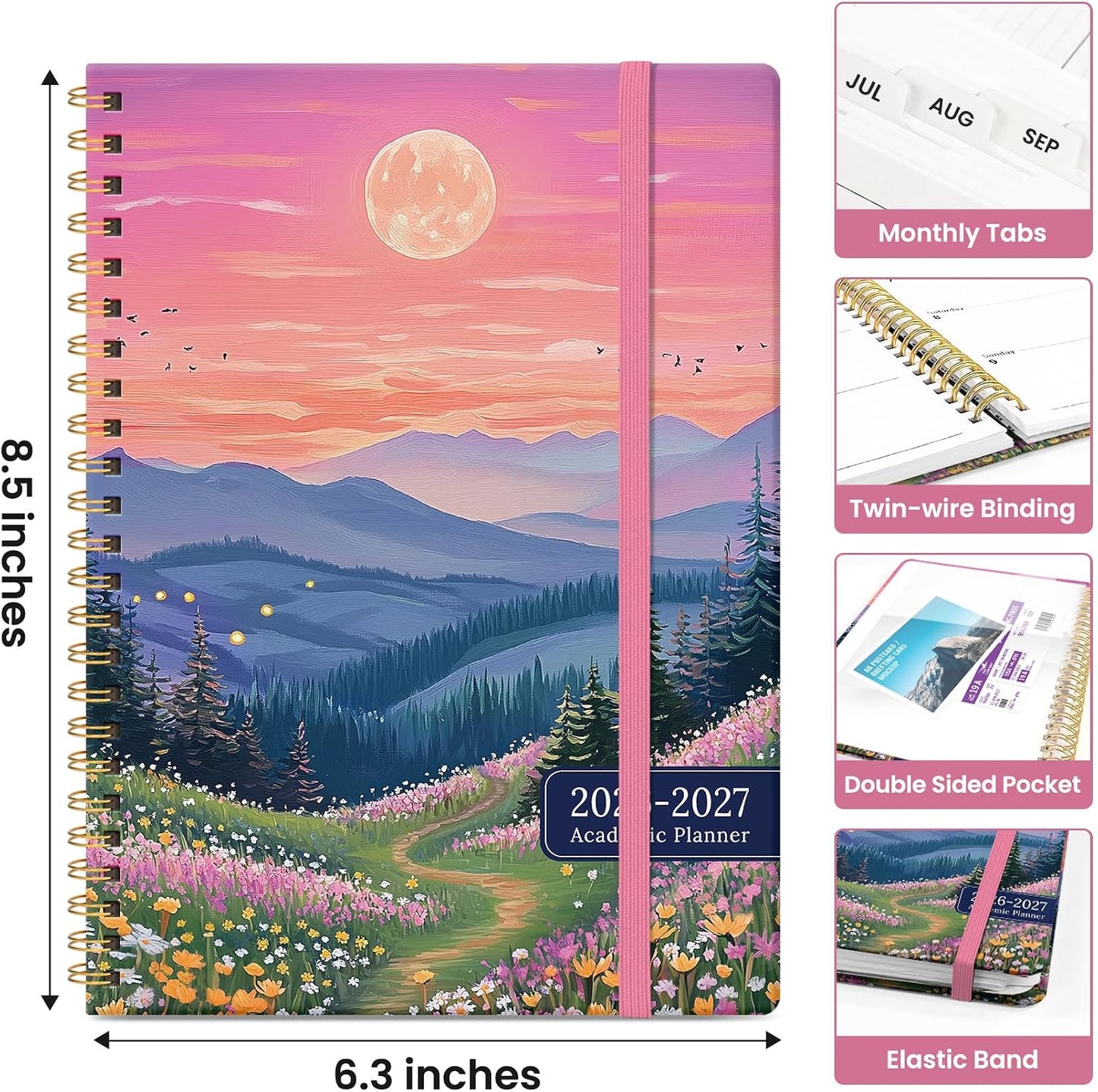 Planner 2026-2027, Academic Monthly and Weekly Calendar Planner for Women, July 2026 - June 2027, Hardcover Pretty Agenda Planner Book with Tabs, Spiral Daily Organizer for School Office Home Supplies, 6.3" x 8.5" - Blue Floral