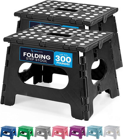 Handy Laundry Folding Step Stool - Sturdy Enough Collapsible Stool to Support Adults - Opens Easy with One Flip - Great for Kitchen, Bathroom or Bedroom (Black - 9 Inch)