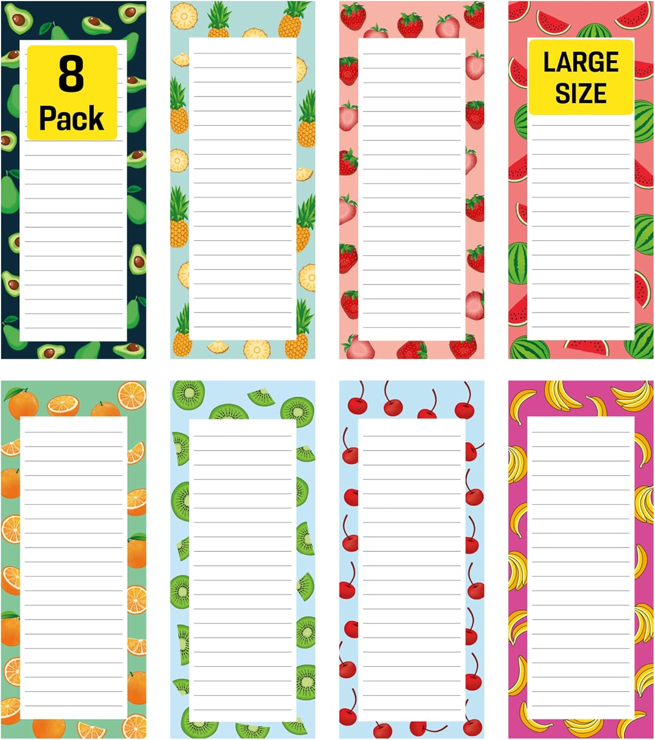 8 Magnetic Notepads – Notepads for Grocery List, Shopping List, To-Do List, Reminders -Strong Magnetic Back- Memo Notepad with Realistic Fruit Designs | 25 Sheets per Pad 7.5 x 3.5 inch (8 Pack)