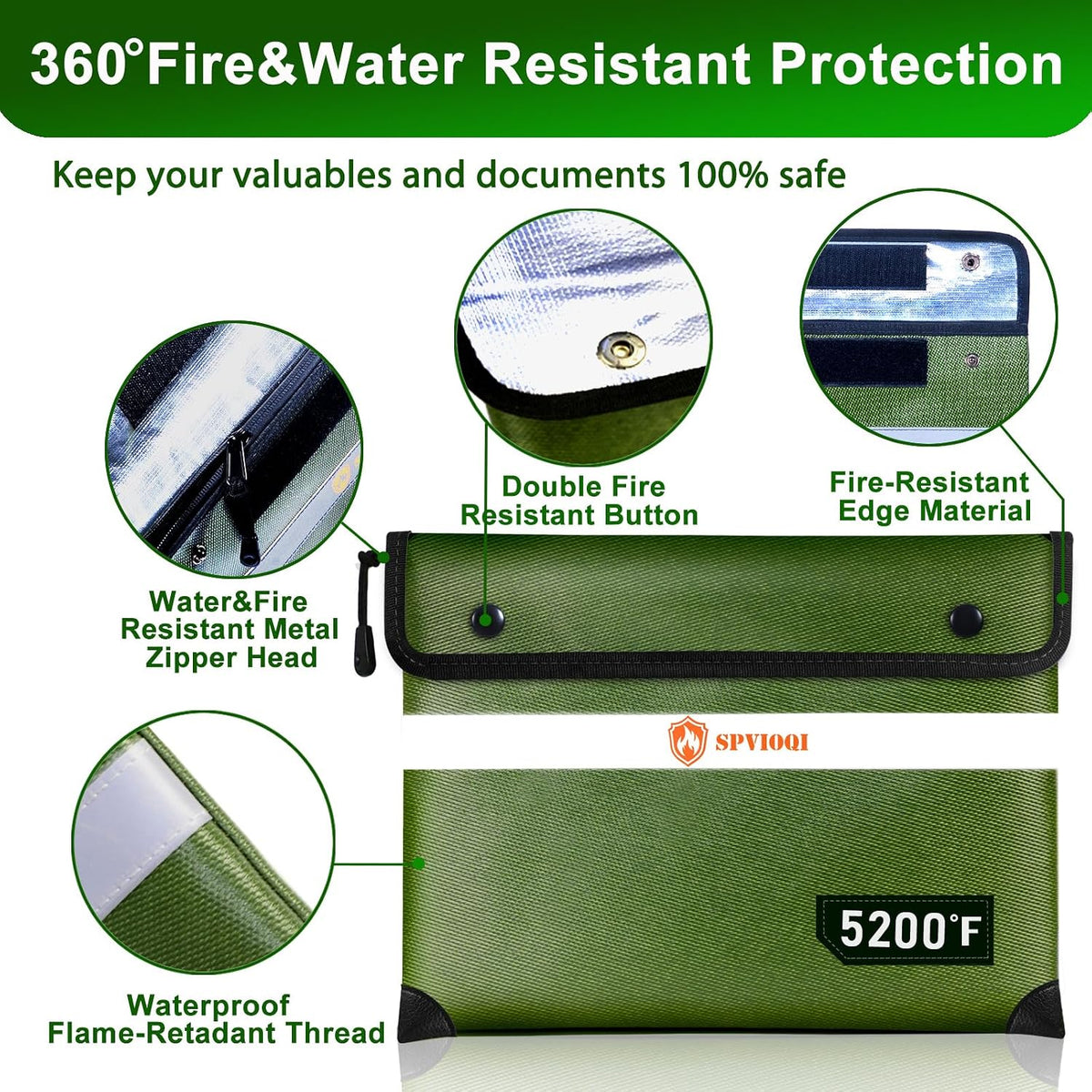 Upgraded 5200°F Fireproof Document Bag with Heat Insulated, Water Fire Proof Bags with Zipper,8 Layers of Functional Materials and Reflective Strip, Fireproof Money Bag for Cash/Documents/Valuables