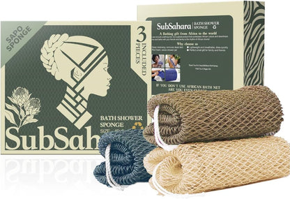 SubSahara Authentic African Net Sponge - 2 Pack Exfoliating Bath & Shower Loofah Sponge for Body & Face, Gentle Scrubber for All Skin Types, Travel, Durable Polyester (Olive Green & Light Green)