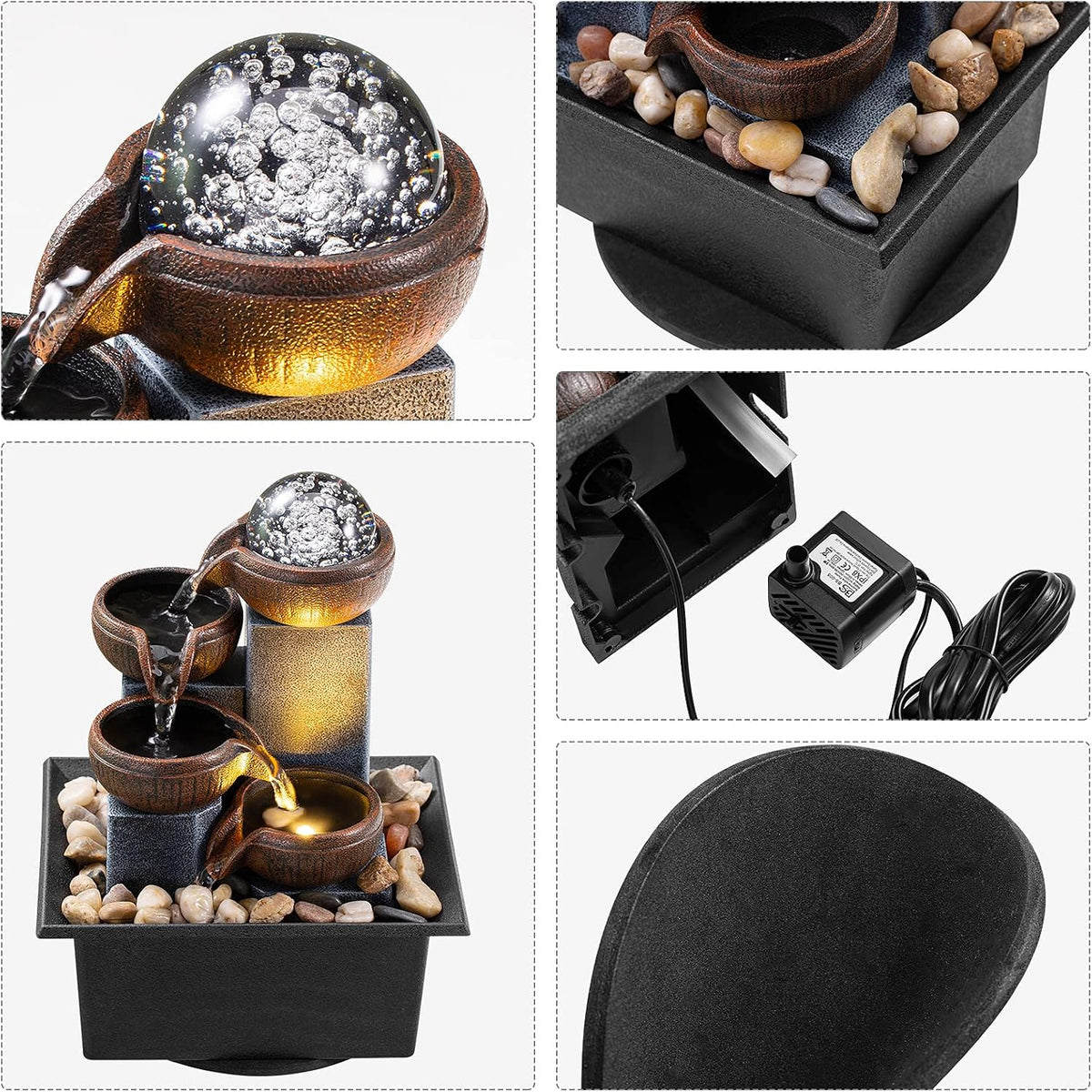 Tabletop Fountain 4 Level Tabletop Waterfall Indoor Meditation Fountain Office Home Relax Desktop Waterfall Includes Many Natural River Rocks LED Lights Bubble Ball Great Choice as Festival Gifts