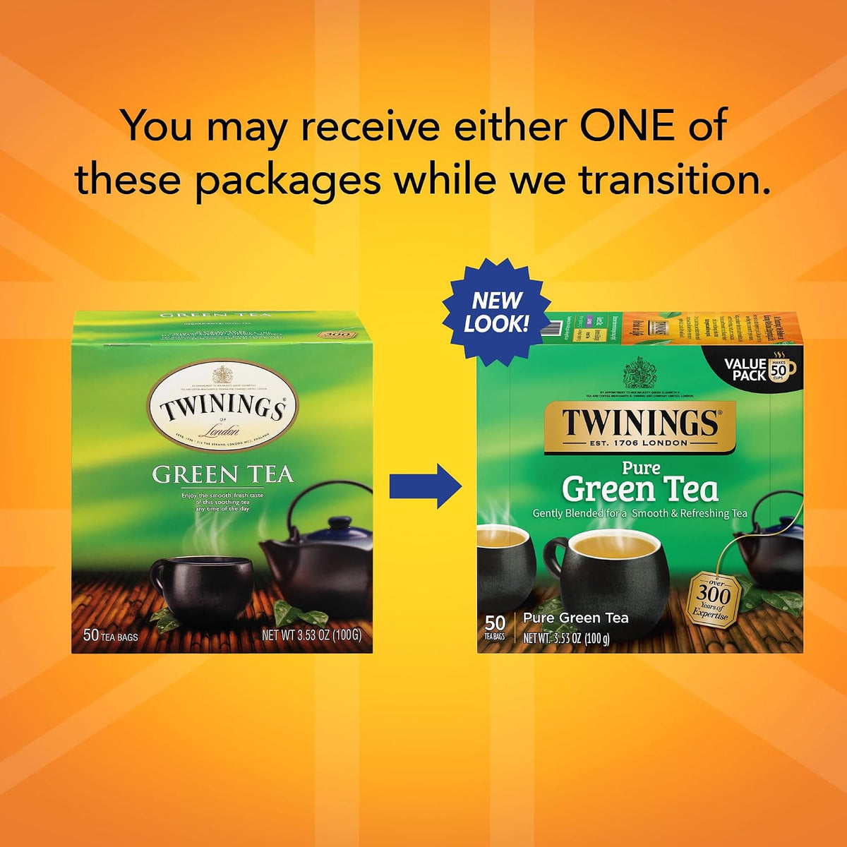 Twinings Pure Green Tea, Caffeinated, Tea Bags, 50 CT Box (6 Pack)