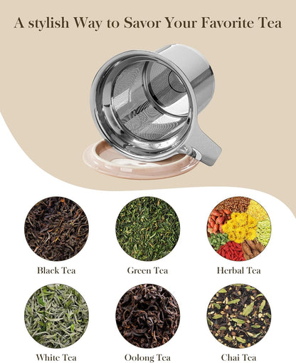 MALACASA Ceramic Tea Mug with Lid and Stainless Steel Infuser, 18 oz Large Tea Cup for Loose Leaf Tea, Heat-Resistant, Microwave & Dishwasher Safe, Speckled Glaze Coffee & Tea Brewer Mug, Khaki White