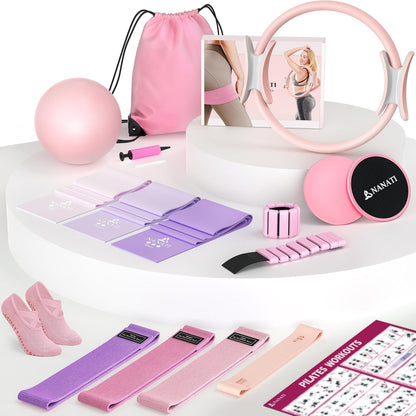 NANATI Pilates Kit, Home Pilates Workout Kit for Women, Pilates Equipment with 14.5" Pilates Ring and Ball, Resistance Bands, Ankle Weights, Sliders & Grip Socks for Home Workouts
