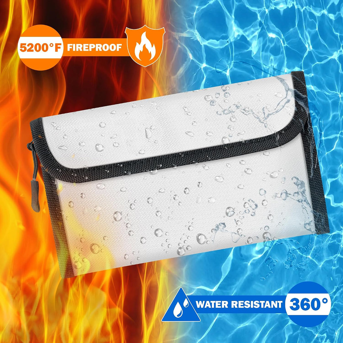 Fireproof Waterproof Document Bag - 5200°F Water Resistant Fire Proof Money Bag, 3 Layers of Heat Insulated Storage with Zipper, 7.9"x5" Portable Files Safe Pouch for Cash Passport (Black)