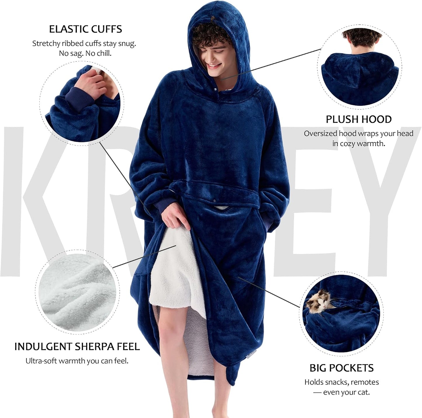 Krifey Wearable Blanket Hoodie, Oversized Sherpa Hooded Blanket for Adults | Soft sherpa fleece with sleeves and pocket; oversized fit for lounging, WFH, camping, Christmas and white elephant gifts.