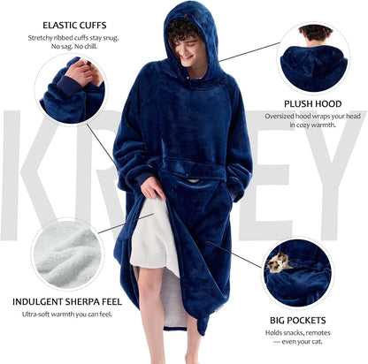 Krifey Wearable Blanket Hoodie, Oversized Sherpa Hooded Blanket for Adults | Soft sherpa fleece with sleeves and pocket; oversized fit for lounging, WFH, camping, Christmas and white elephant gifts.