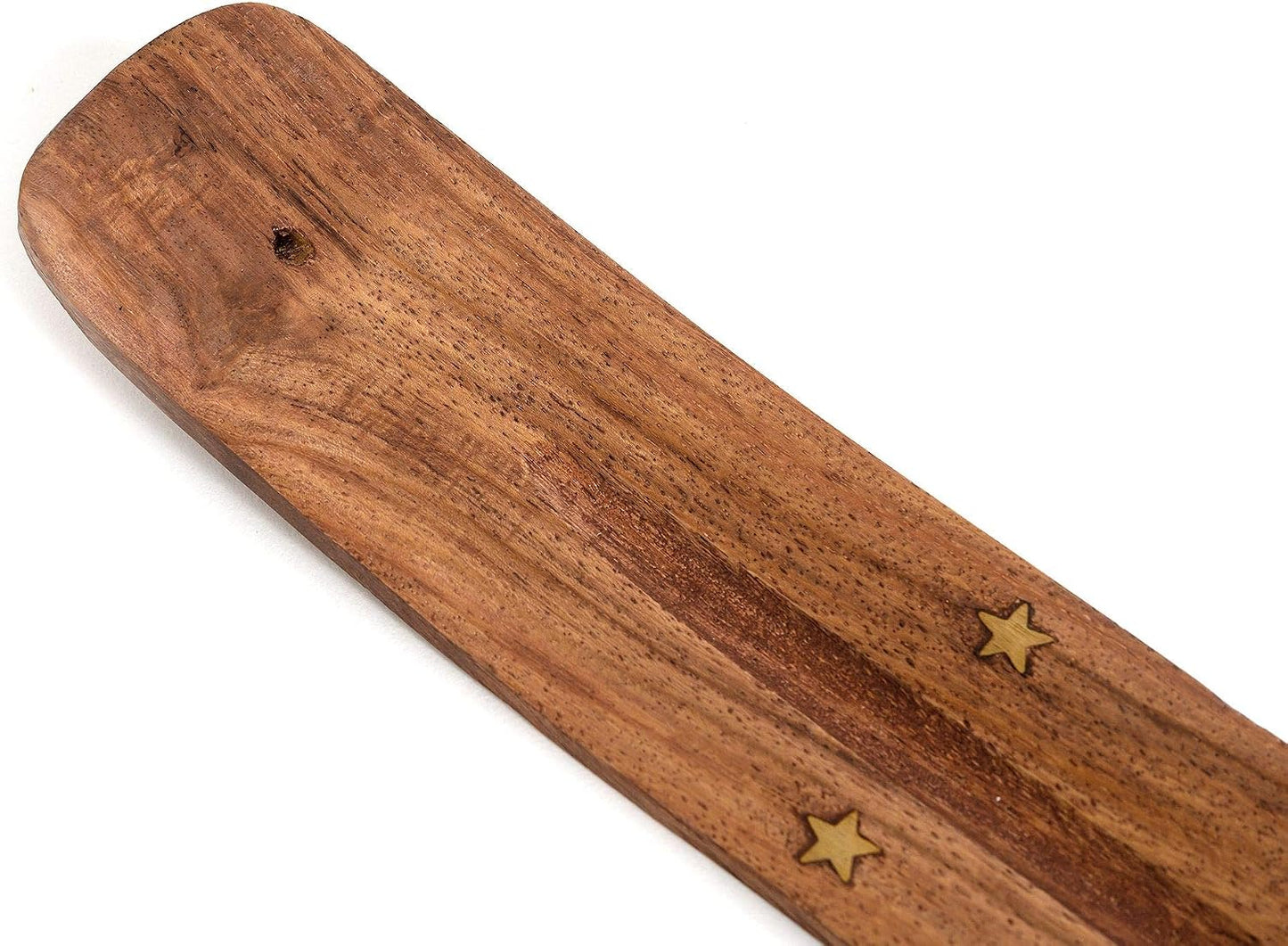 Wooden Incense Holder for Sticks with Inlays of Brass Crescent Moon 10 inches Long