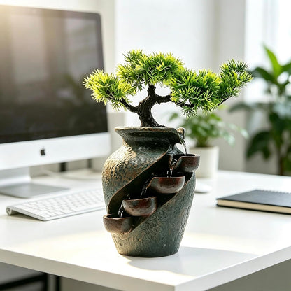 Mini Artificial Bonsai Tree Waterfall Fog Feature Rock Tabletop Fountain | 11in Desktop Decor Waterfall Fountain W/ Water Pump& Atomizer&LED Lights &Fake Tree Office Bedroom Relax