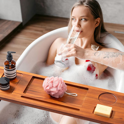 Teak Bathtub Tray for Freestanding Tubs - 35" Heavy-Duty Luxury Bath Caddy, Non-Slip Zero-Wobble Design, Water-Resistant Spa Organizer with Wine Glass & Phone Holder