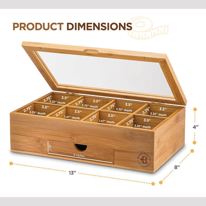 Tea Bag Organizer with Drawer - Bamboo Tea Box Organizer, 8-Compartment Tea Storage Box with Acrylic Lid and Magnetic Closure, Tea Box for Kitchen Counter, Gifts for Mom, Wife, Tea Lovers (White)