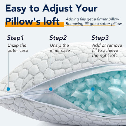 QUTOOL Cooling Pillow for Sleeping, CertiPUR-US Shredded Memory Foam Queen Pillows Set of 2, Cool Pillow for Hot Sleepers Adjustable Firm Pillow for Side, Back, Stomach Sleepers Soft Yet Support,White