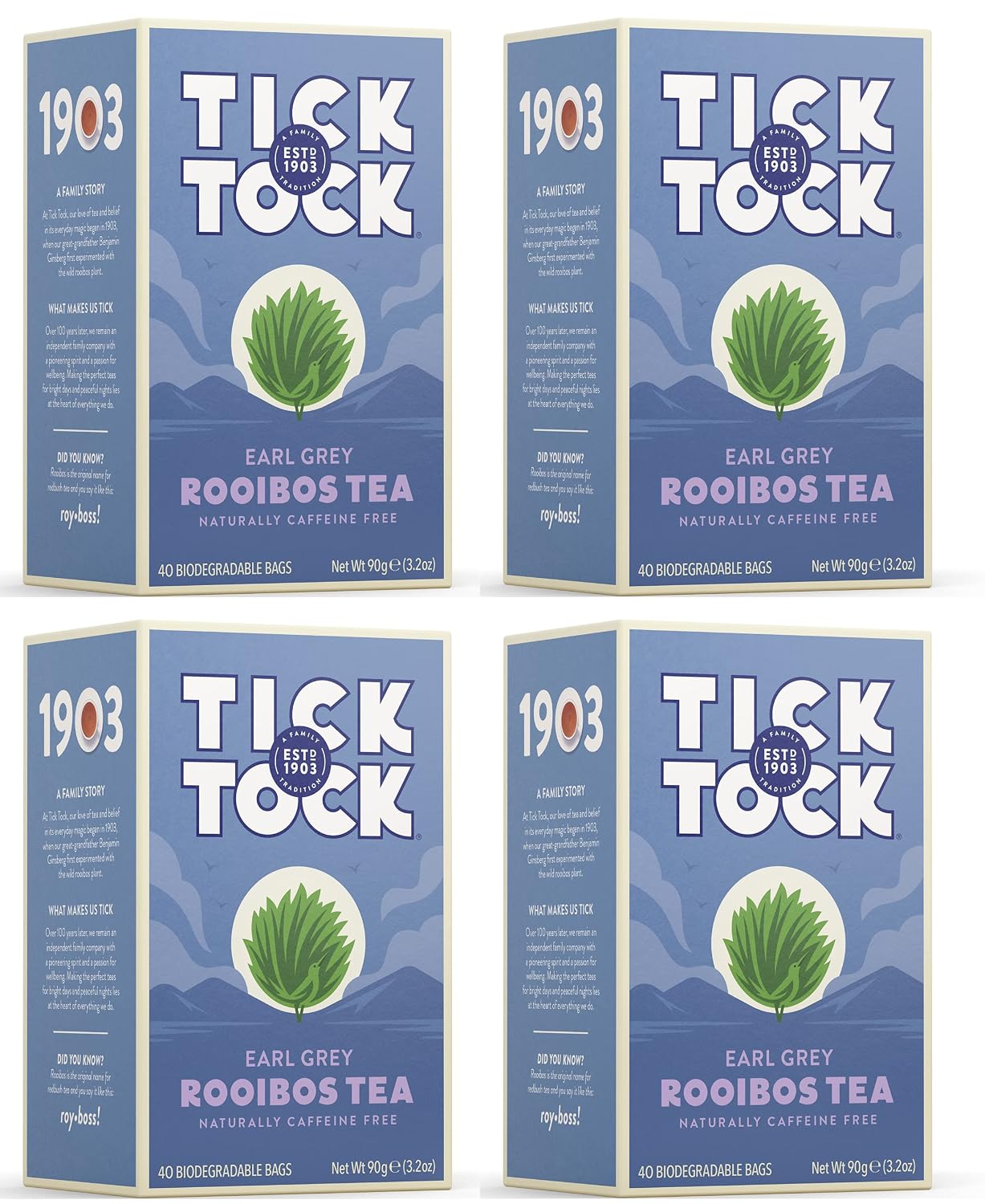 TICK TOCK TEAS Rooibos Earl Grey, Naturally Caffeine Free Red Bush Herbal Tea, Rich in Anti-Oxidants, South African, Superfood, 3.5 Oz, 40 Count, Pack of 4