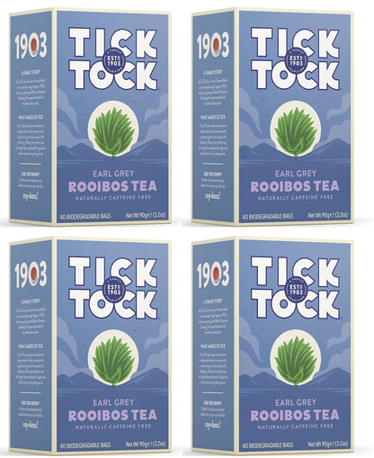 TICK TOCK TEAS Rooibos Earl Grey, Naturally Caffeine Free Red Bush Herbal Tea, Rich in Anti-Oxidants, South African, Superfood, 3.5 Oz, 40 Count, Pack of 4
