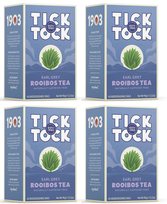 TICK TOCK TEAS Rooibos Earl Grey, Naturally Caffeine Free Red Bush Herbal Tea, Rich in Anti-Oxidants, South African, Superfood, 3.5 Oz, 40 Count, Pack of 4