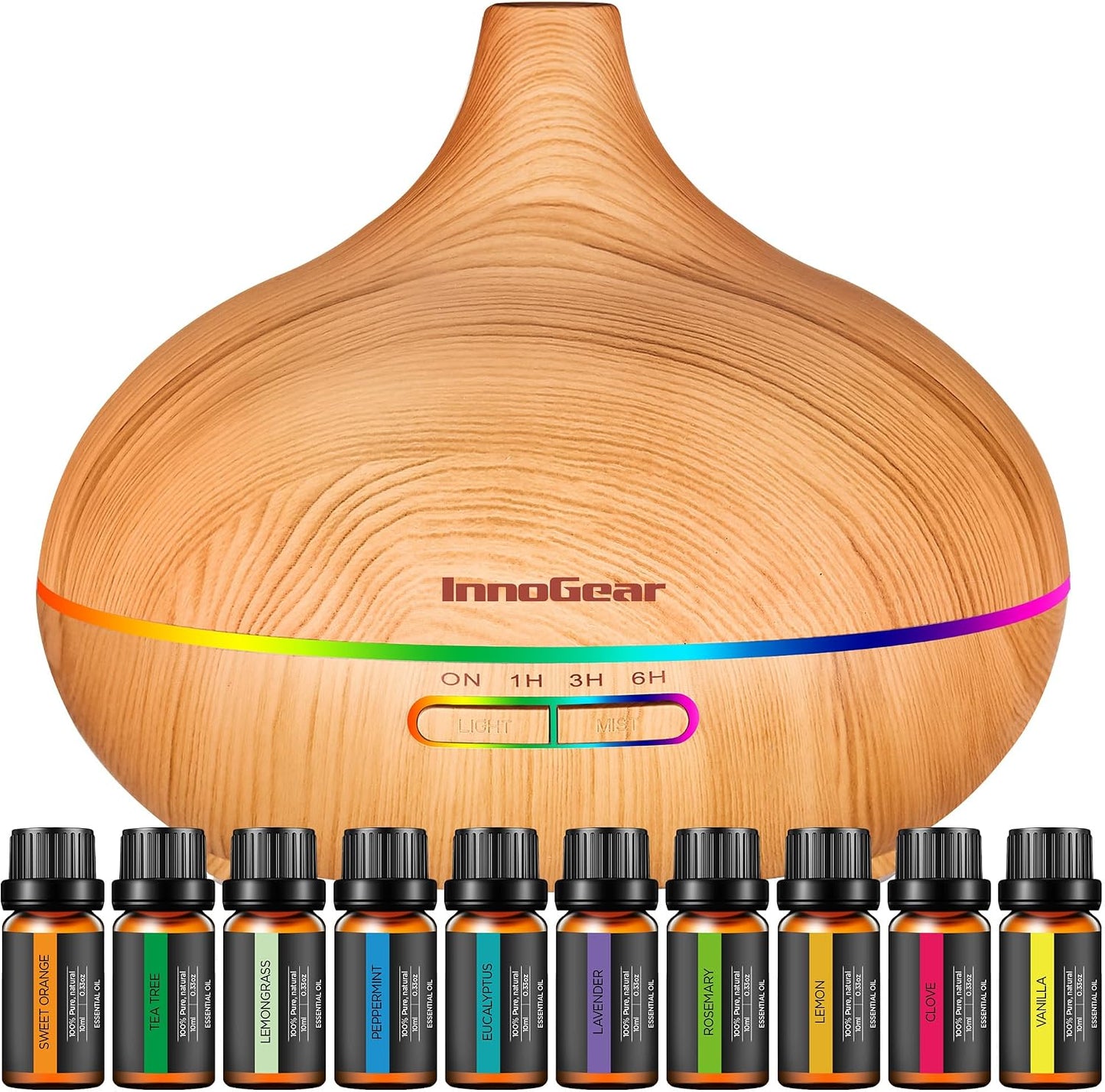 InnoGear Aromatherapy Diffuser & 10 Essential Oils Set, 400ml Diffuser Ultrasonic Diffusers for Home Cool Mist Humidifier with 4 Timers 7 Colors Light Waterless Auto Off, Dark Wood Grain