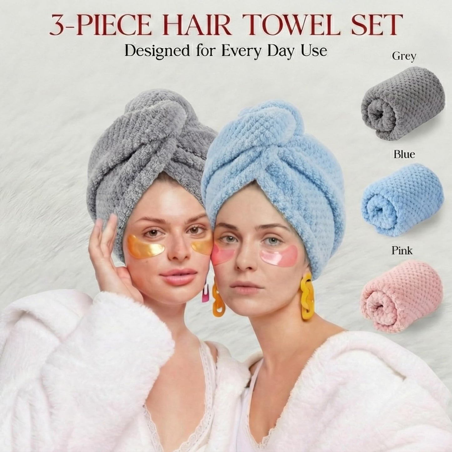 3 Pack Microfiber Hair Towel Wrap for Women 26 x 10 in | Hair Drying Towel with Button |Hair Turban Towel Quick Dry Coral Fleece Head Towels (Pink + Blue + Grey)