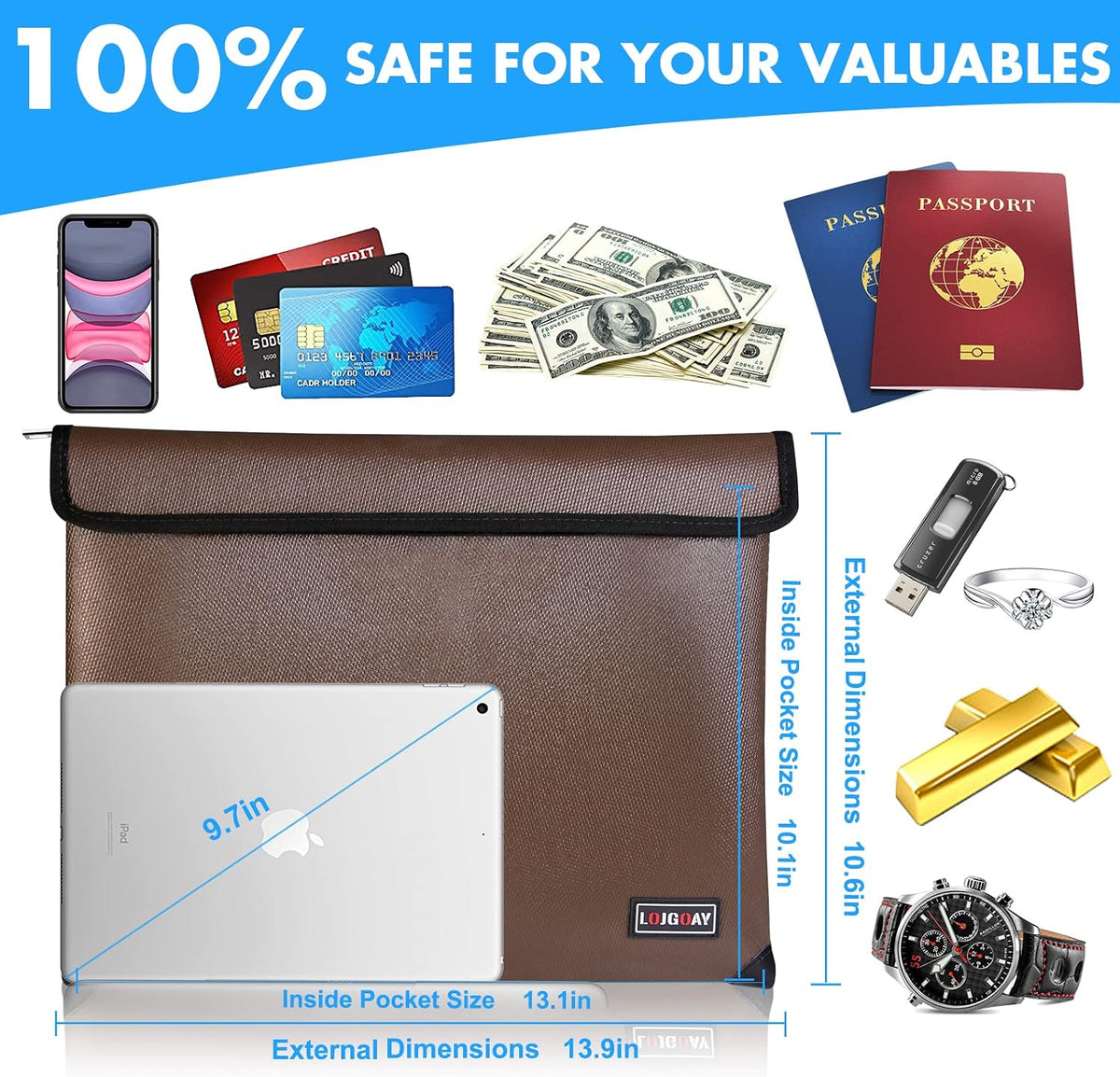 Fireproof Document Bag - with 5200°F Heat Insulated, Waterproof Fireproof Bag with Zipper, 8 Layers of Functional Materials, Fireproof Money Bag for Cash/Documents/Valuables, Fire bag 11"x7.7"