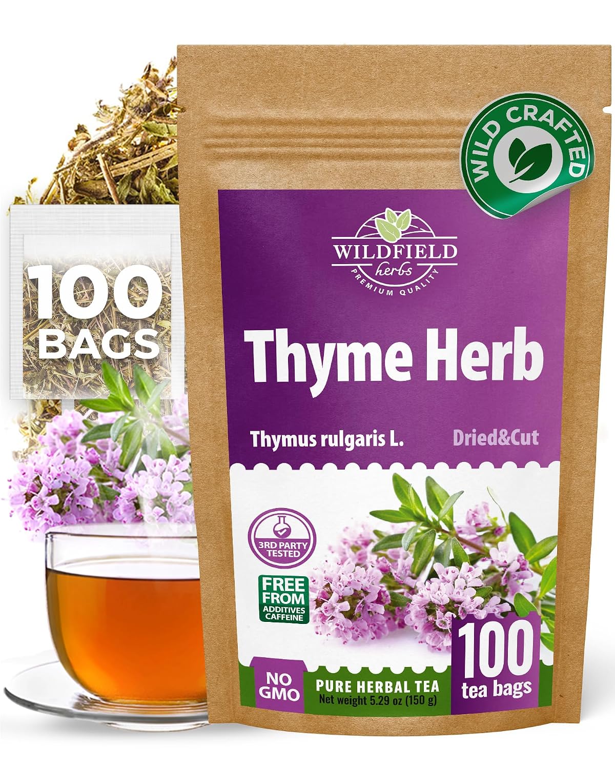 100 Bags Thyme Tea Thyme Leaves Tyme Herb Tea (Thymus Serpyllum) - 100 Count 1.5 g Bags Tomillo