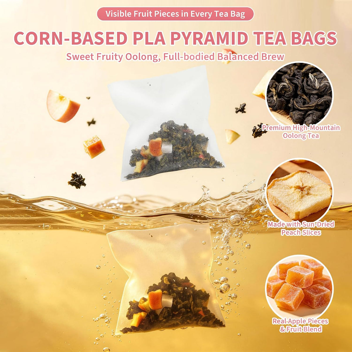 HAOYOYO Apple Peach Oolong Tea Bags, Fruity Oolong Tea, 20 Pyramid Tea Bags (4g Each), Smooth Floral Tea