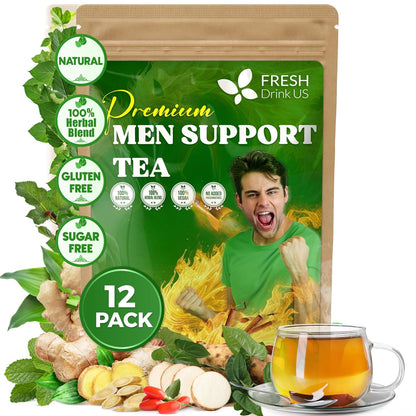 FreshDrinkUS, 12 Packs of Premium Herbal Men Support Tea – Ginseng Six Treasure Blend, 9 Powerful Ingredients, 10g/Bag – Men's Wellness Tea with Ginseng and Five Treasure Aid Root.