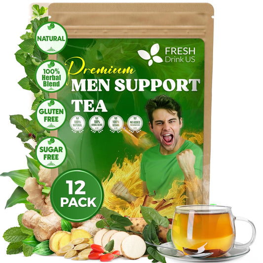 FreshDrinkUS, 12 Packs of Premium Herbal Men Support Tea – Ginseng Six Treasure Blend, 9 Powerful Ingredients, 10g/Bag – Men's Wellness Tea with Ginseng and Five Treasure Aid Root.