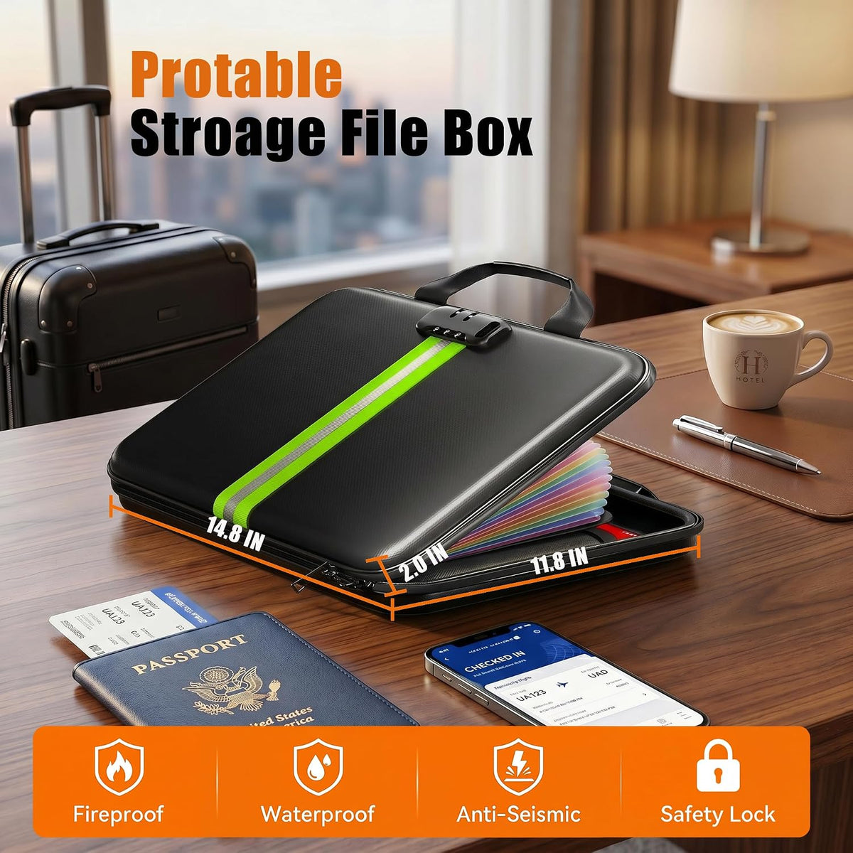 Fireproof Document Organizer with Lock, Semi-Rigid EVA Shell File Box with 13-Pocket Accordion Folder, Water-Resistant Storage for Important Documents, Passports & Certificates
