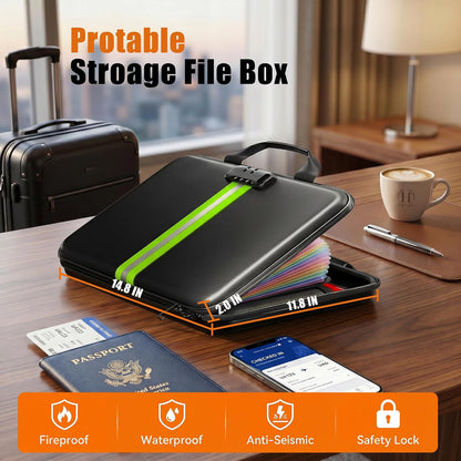 Fireproof Document Organizer with Lock, Semi-Rigid EVA Shell File Box with 13-Pocket Accordion Folder, Water-Resistant Storage for Important Documents, Passports & Certificates