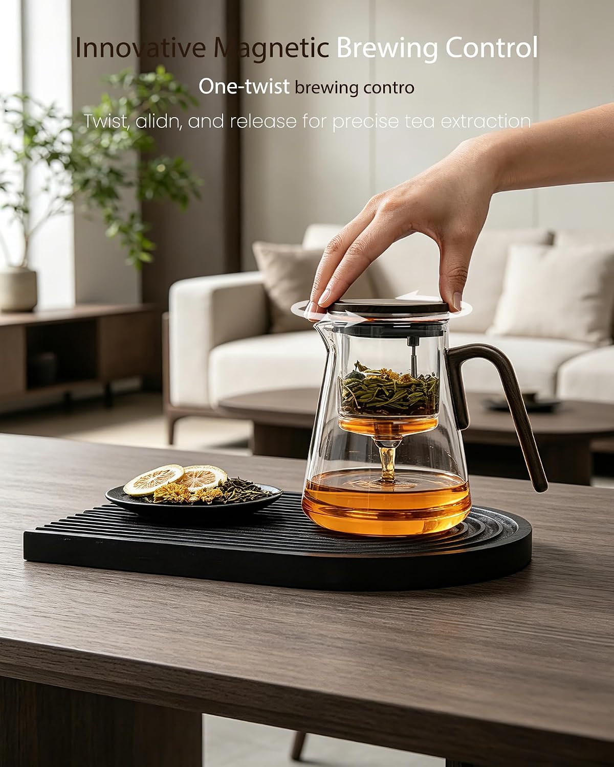 ZENS Magnetic Tea Pot, Enchanted Glass Teapot with Infuser and Magnetic Suction Lid for Mess-Free Loose Tea Diffusers, Walnut Wood Handle, Tea Lovers Gifts