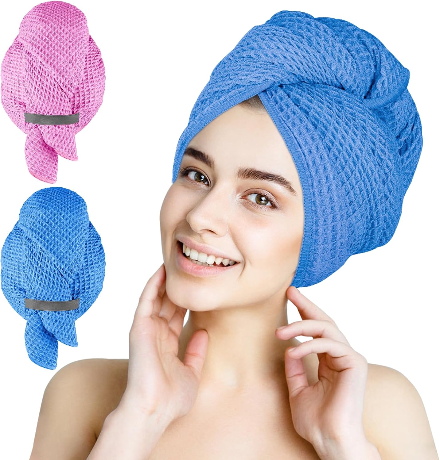HOMEXCEL 5 Pack Microfiber Hair Towels - 40 x 20 inches Super Soft, Fast Drying Turbans for Long, Thick, Curly Hair - Anti Frizz Wrap with Elastic Strap