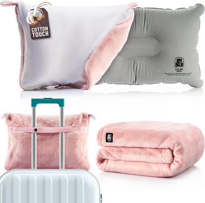 Travel Blanket Airplane Compact with Hoodie – 2in1 Airplane Travel Accessories from Plane Blanket to Travel Pillow with Luggage Strap, Soft Handle & Secure Pocket