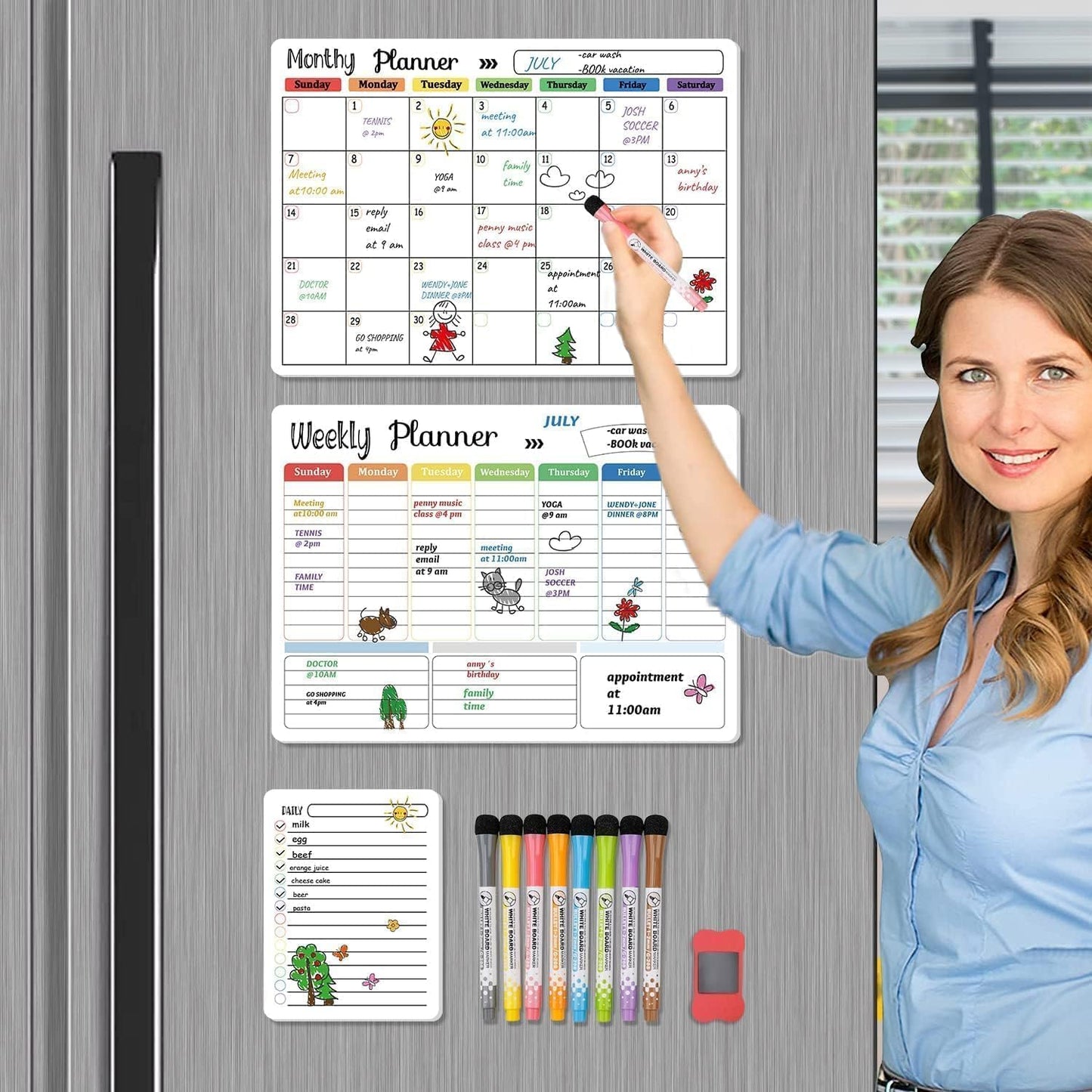 Hivillexun Magnetic Black Dry Erase Calendar White Board Set (3-Pack) - Monthly, Weekly Planners & Daily Notepad for Fridge, Home & Office, Includes 8 Markers