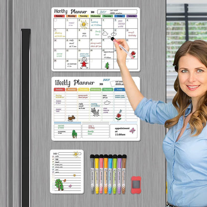 Hivillexun Magnetic Black Dry Erase Calendar White Board Set (3-Pack) - Monthly, Weekly Planners & Daily Notepad for Fridge, Home & Office, Includes 8 Markers